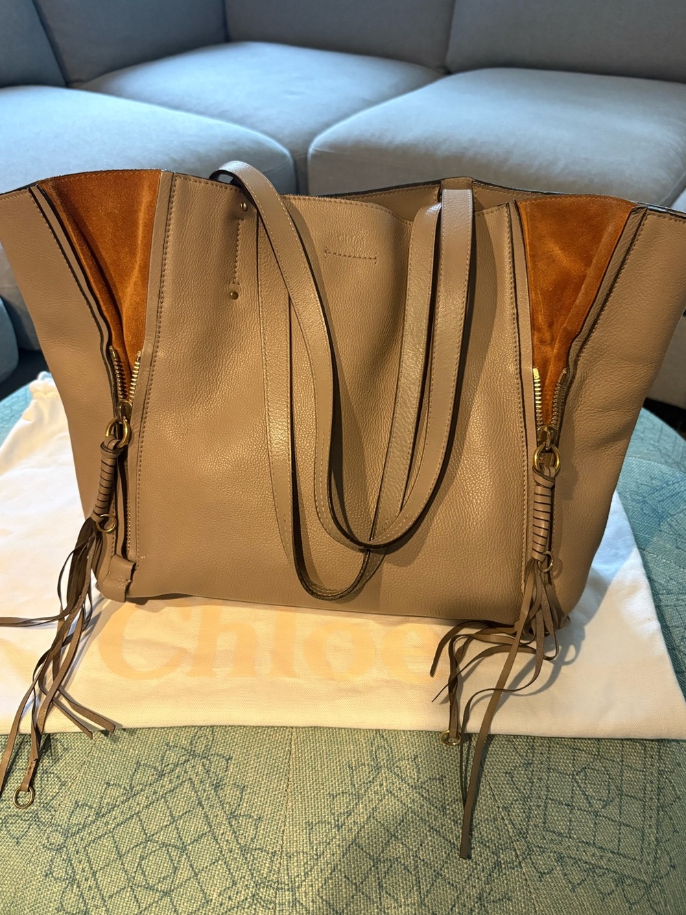 Chloe Milo Taupe Leather Tote with Suede Interior and Tassel Zips